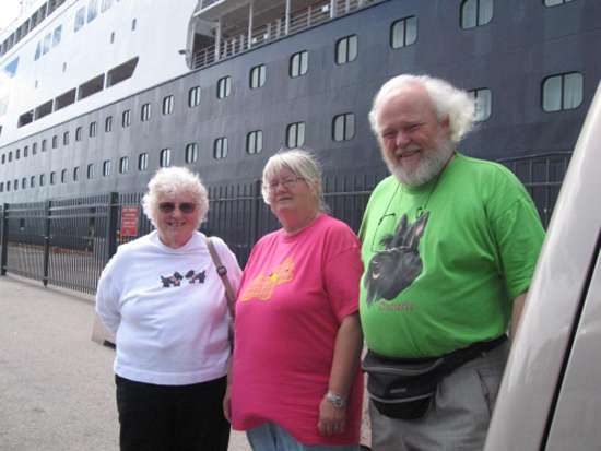 Susan, Karen, & Finn in front of Susan's ship, the Maasdam